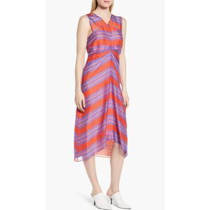 LEWIT 100% Silk Red/Violet Striped Double V High/Low Midi Dress, Sz 14